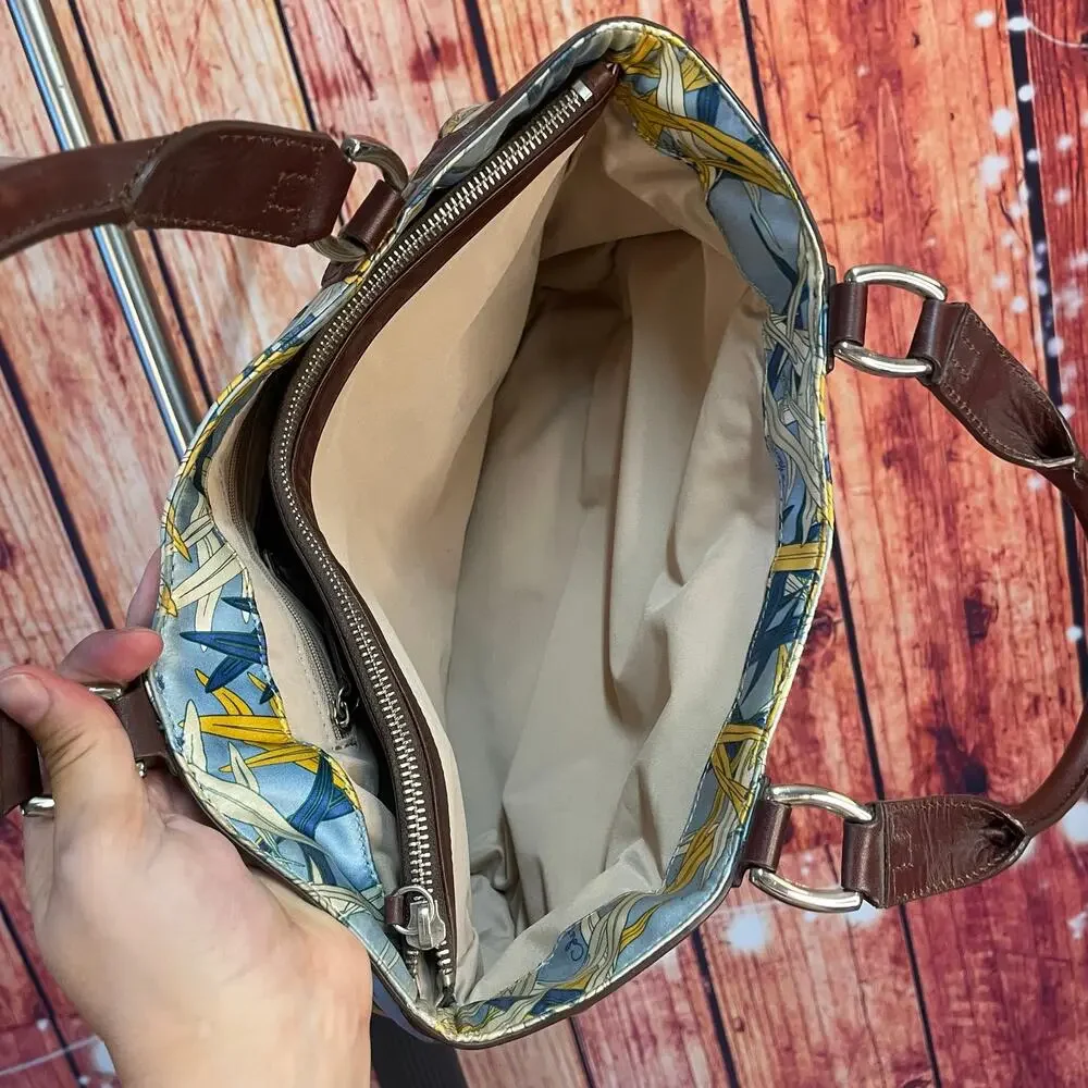 Cole Haan Scarf Print Satchel Sateen Blue Yellow Brown Leather Trim GUC
